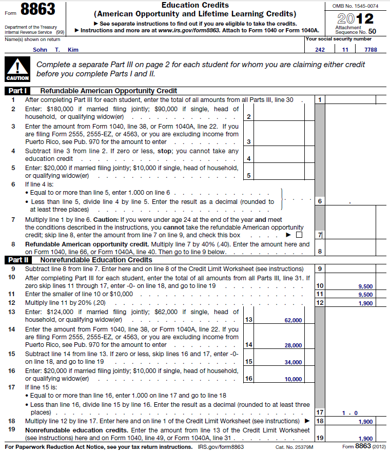 Education Credit 4 : Form 8863 - Lifetime Learning Credit